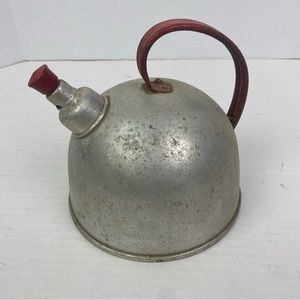 Vintage Pure Aluminum Whistler Teapot Kettle Red Handle Whistling Kitchen Retro